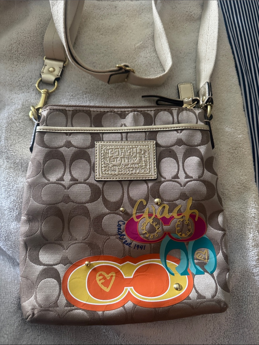 Coach Beige Signature Crossbody with Multicolor Graphic Accents